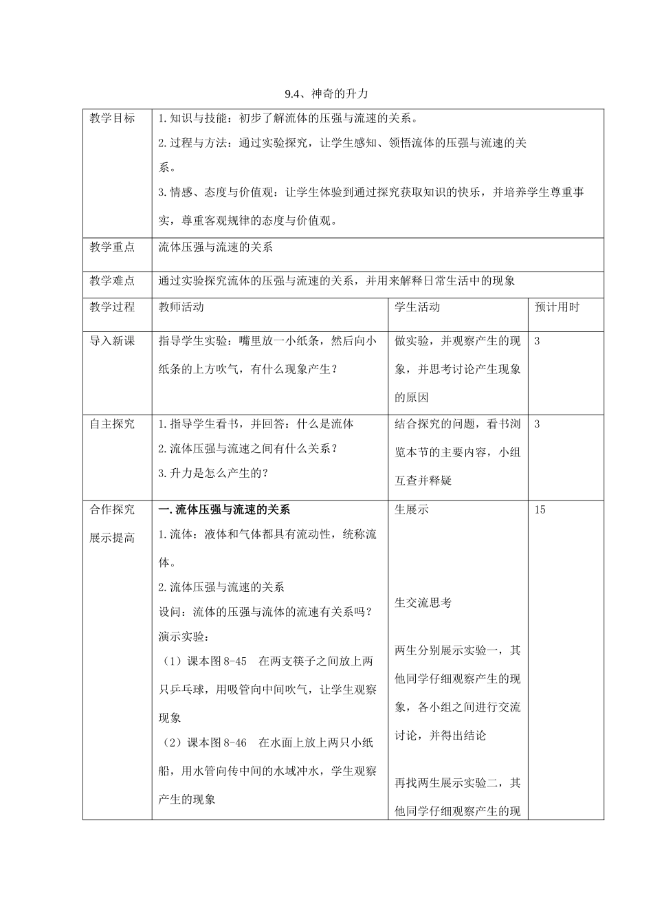 春八年级物理下册 9.4《神奇的升力》教案 （新版）粤教沪版-（新版）粤教沪版初中八年级下册物理教案_第1页