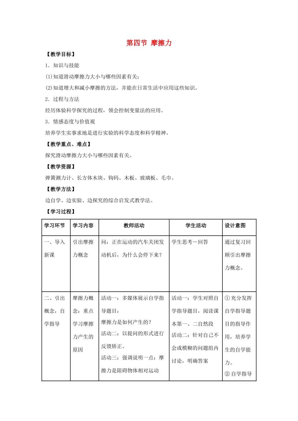 春八年级物理下册 6.4《摩擦力》教案 鲁教版五四制-鲁教版五四制初中八年级下册物理教案_第1页