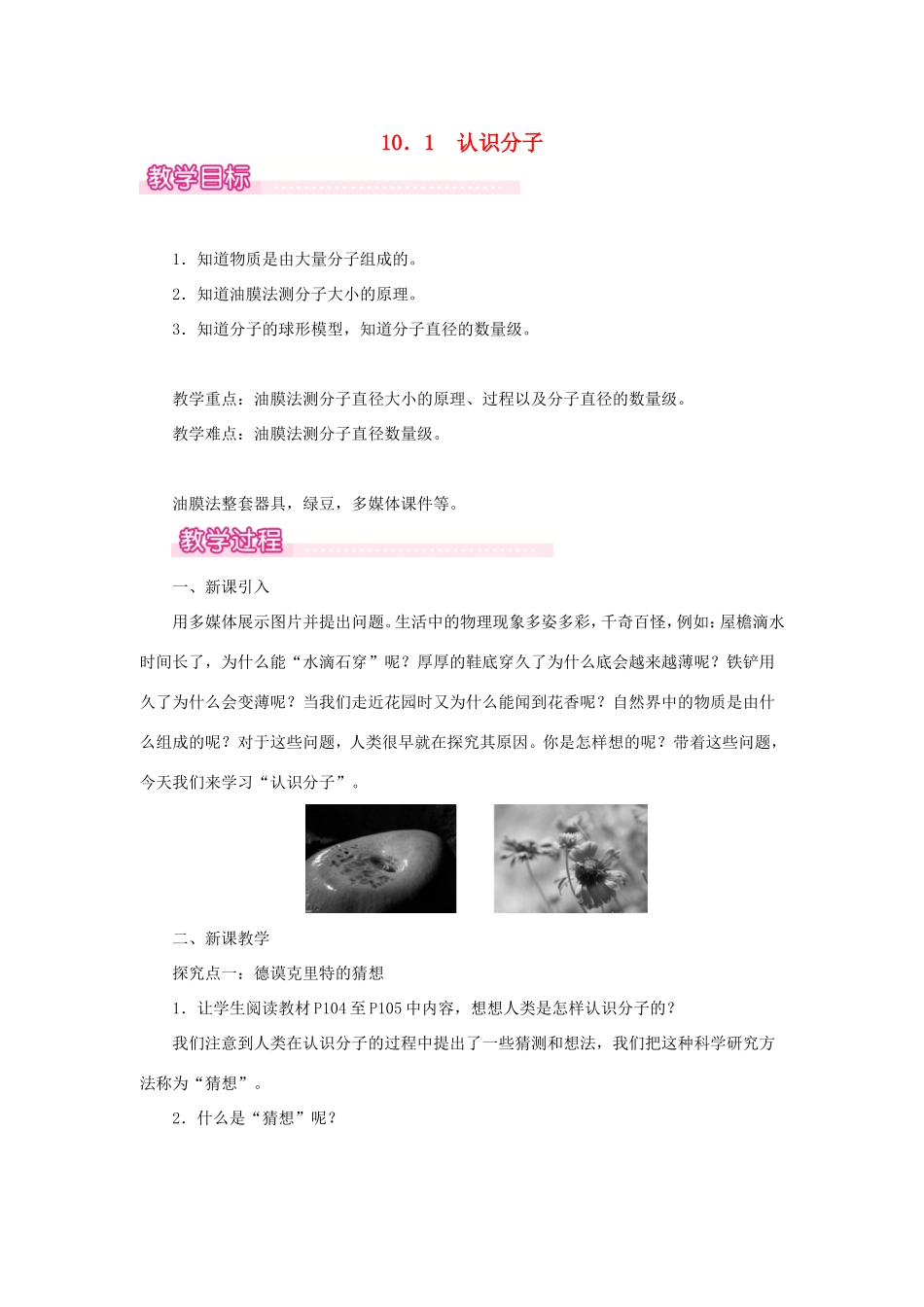 春八年级物理下册 10.1 认识分子教案 （新版）粤教沪版-（新版）粤教沪版初中八年级下册物理教案_第1页