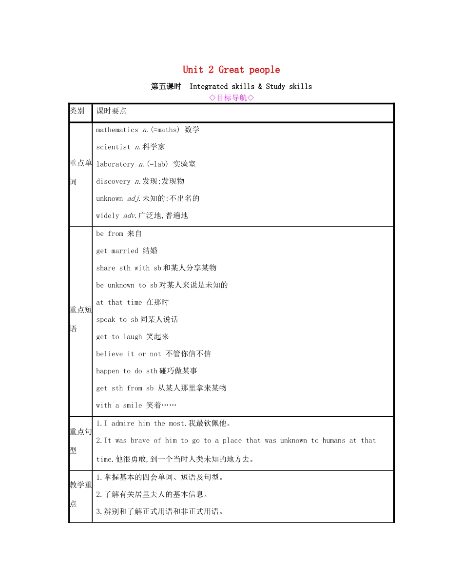 春九年级英语下册 Unit 2 Great people（第5课时）Integrated skills  Study skills教案 （新版）牛津版-（新版）牛津版初中九年级下册英语教案_第1页