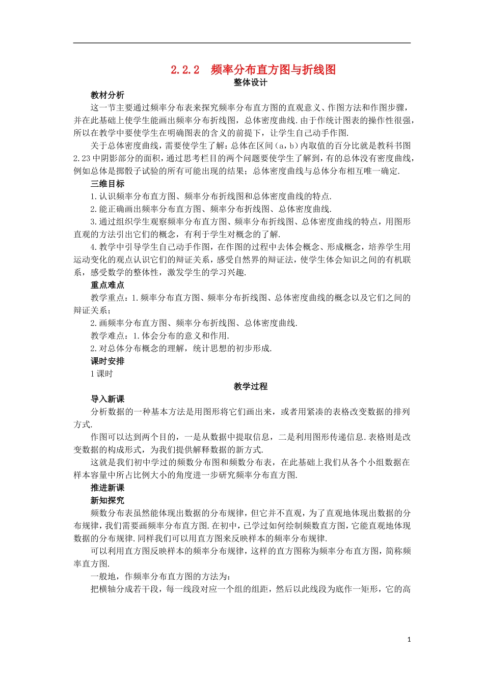 高中数学 第2章 统计 2.2 总体分布的估计 2.2.2 频率分布直方图与折线图教案 苏教版必修3-苏教版高一必修3数学教案_第1页