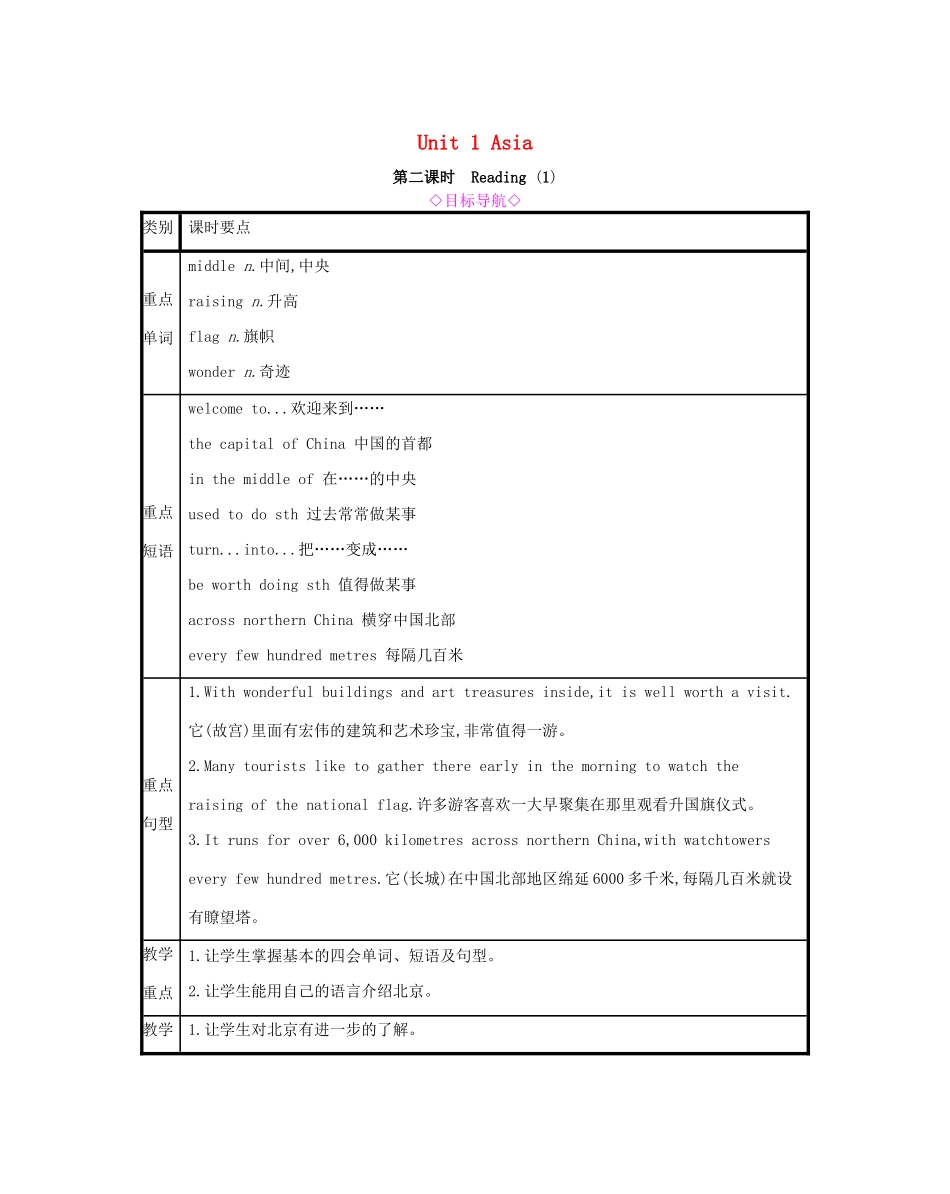 春九年级英语下册 Unit 1 Asia（第2课时）Reading 1教案 （新版）牛津版-（新版）牛津版初中九年级下册英语教案_第1页