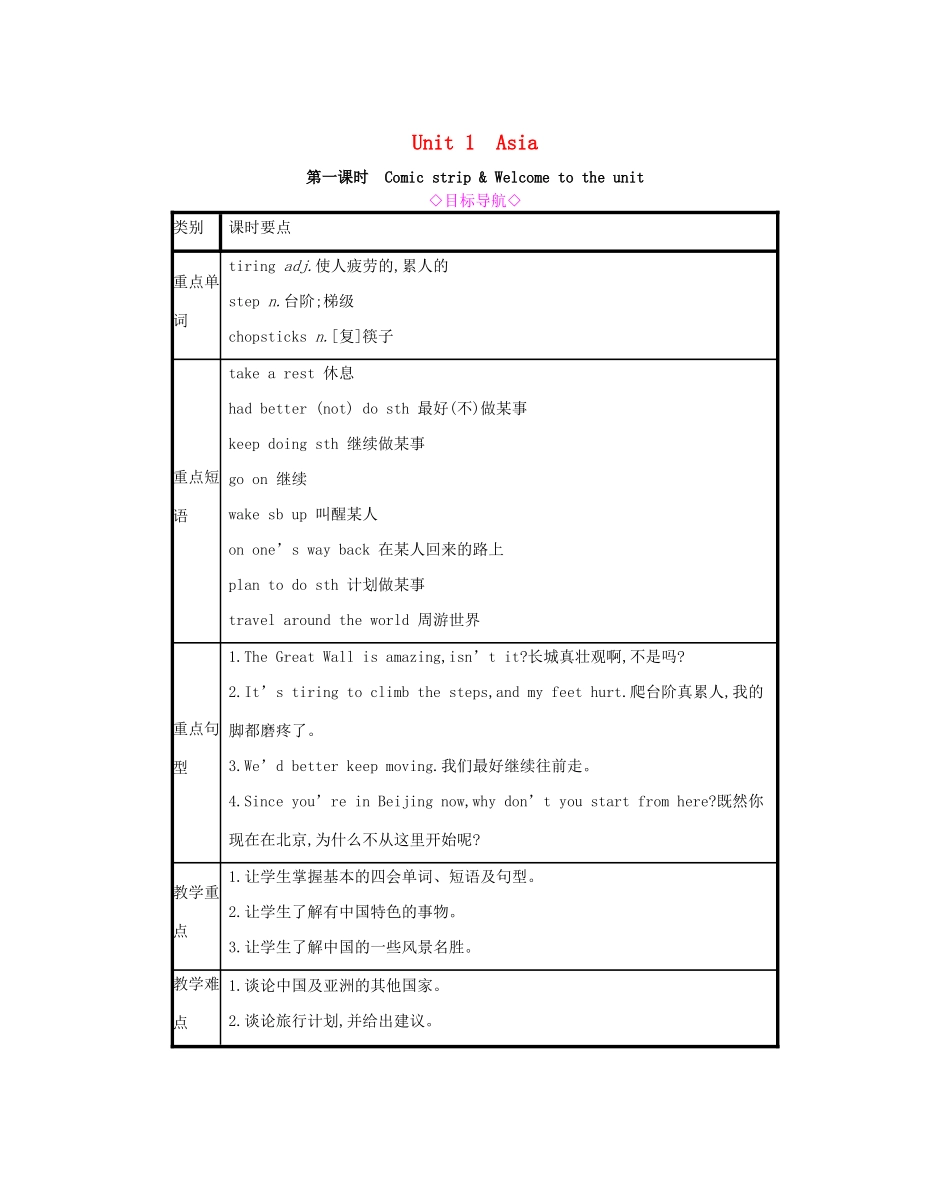 春九年级英语下册 Unit 1 Asia（第1课时）Comic strip  Welcome to the unit教案 （新版）牛津版-（新版）牛津版初中九年级下册英语教案_第1页