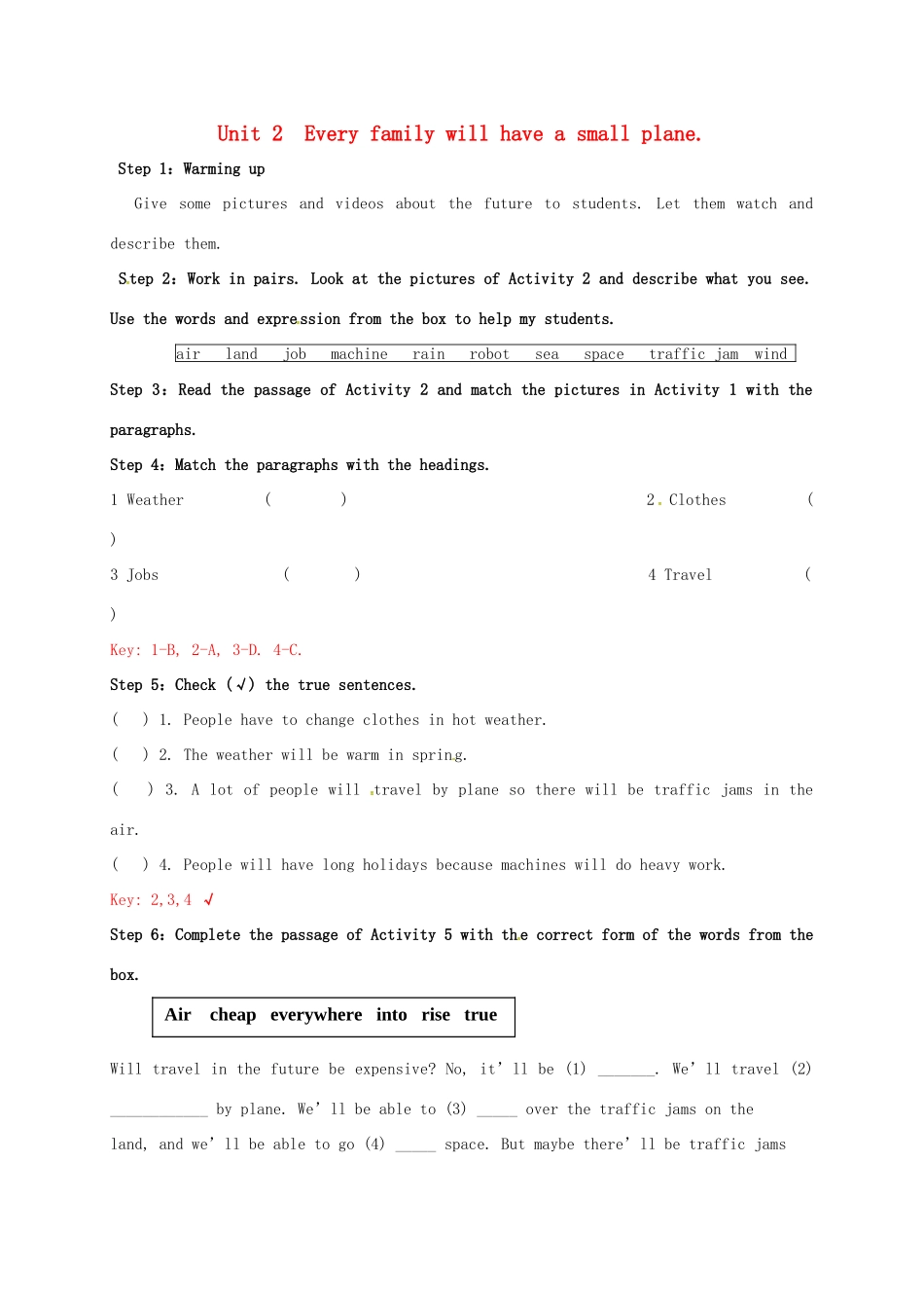 春七年级英语下册 Module 4 Unit 2  Every family will have a small plane教案 （新版）外研版-（新版）外研版初中七年级下册英语教案_第1页