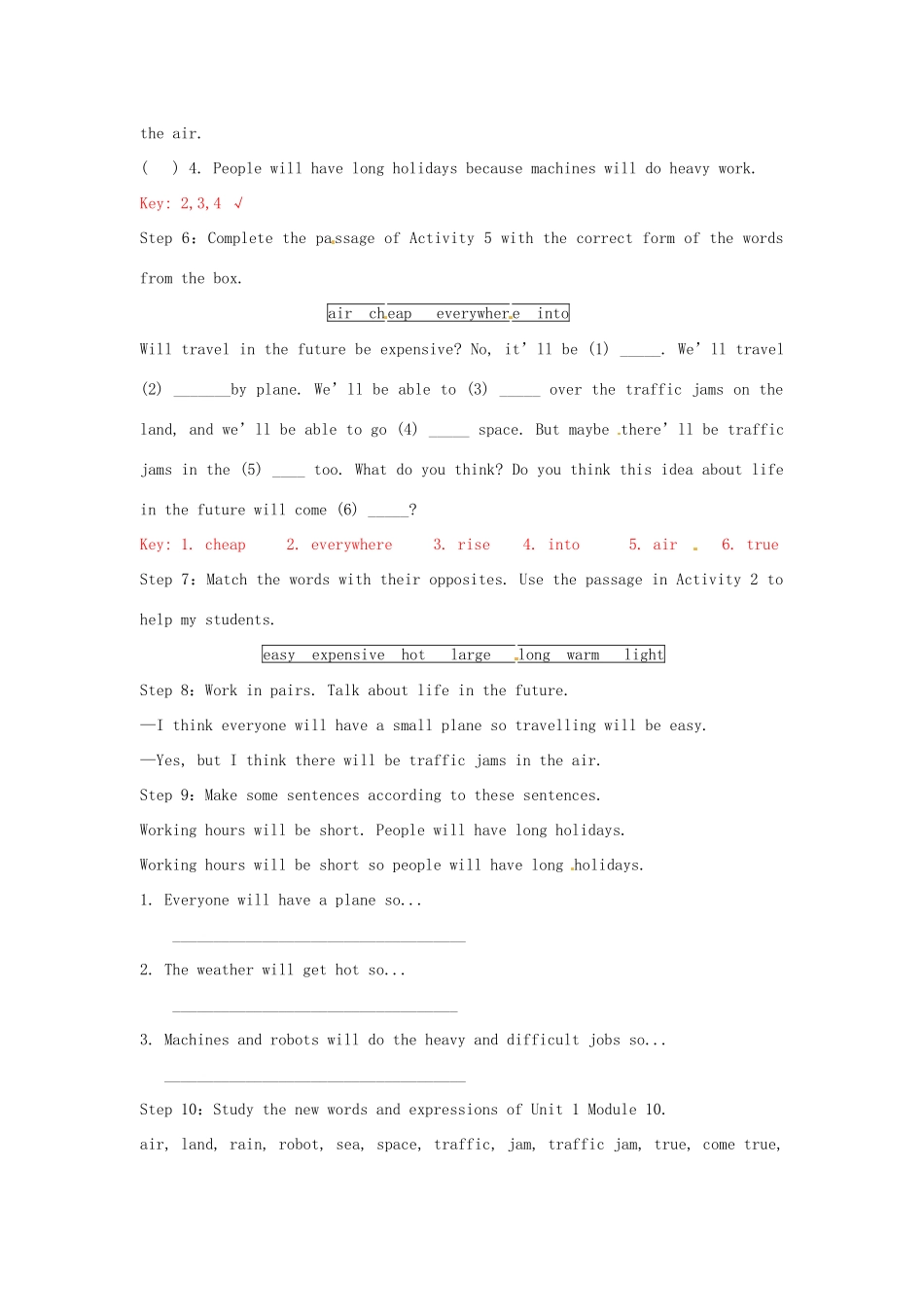 春七年级英语下册 Module 4 Unit 2 Every family will have a small plane教案 （新版）外研版-（新版）外研版初中七年级下册英语教案_第3页