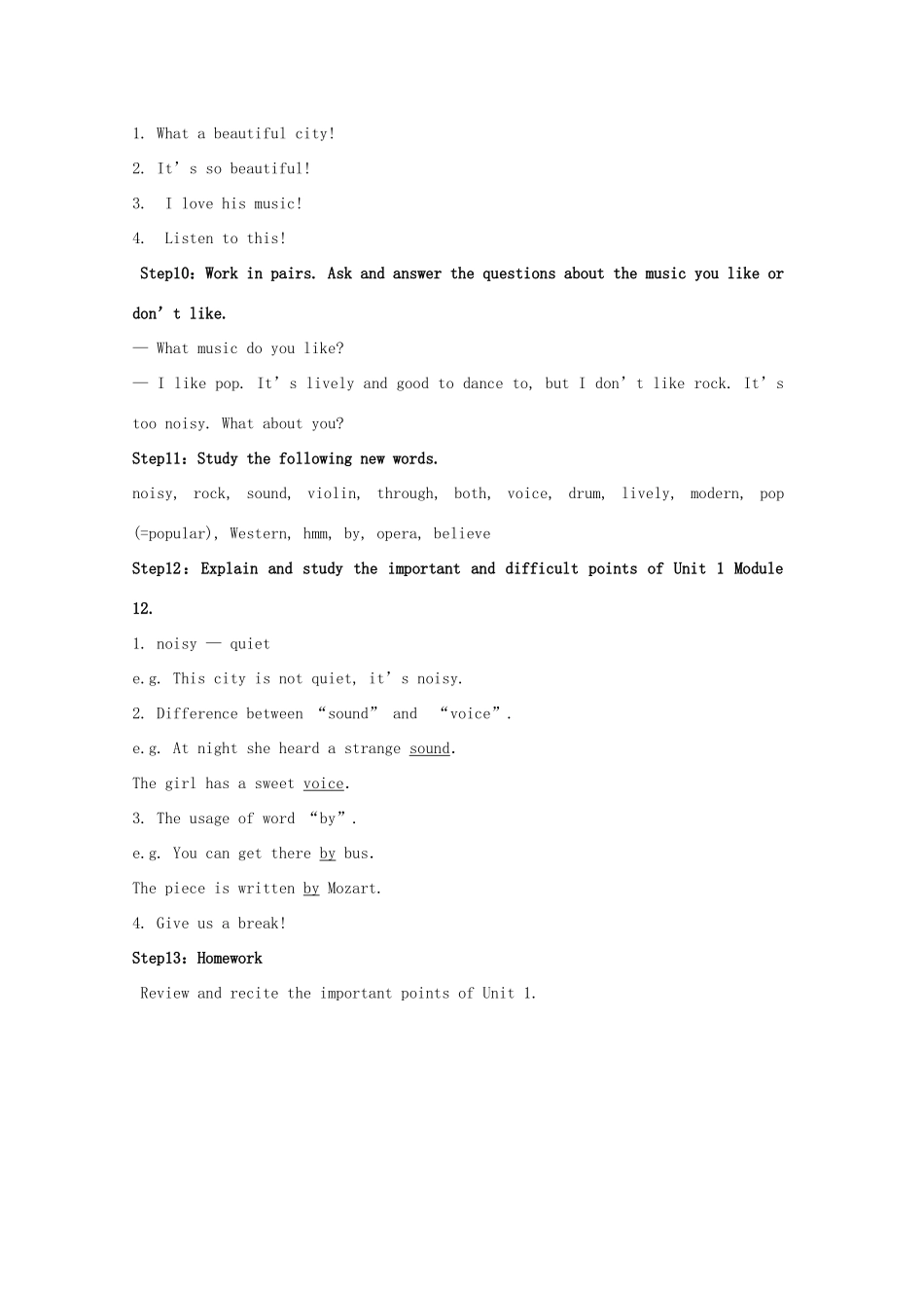 春七年级英语下册 Module 12 Western music Unit 1 It’s so beautiful教案 （新版）外研版-（新版）外研版初中七年级下册英语教案_第3页