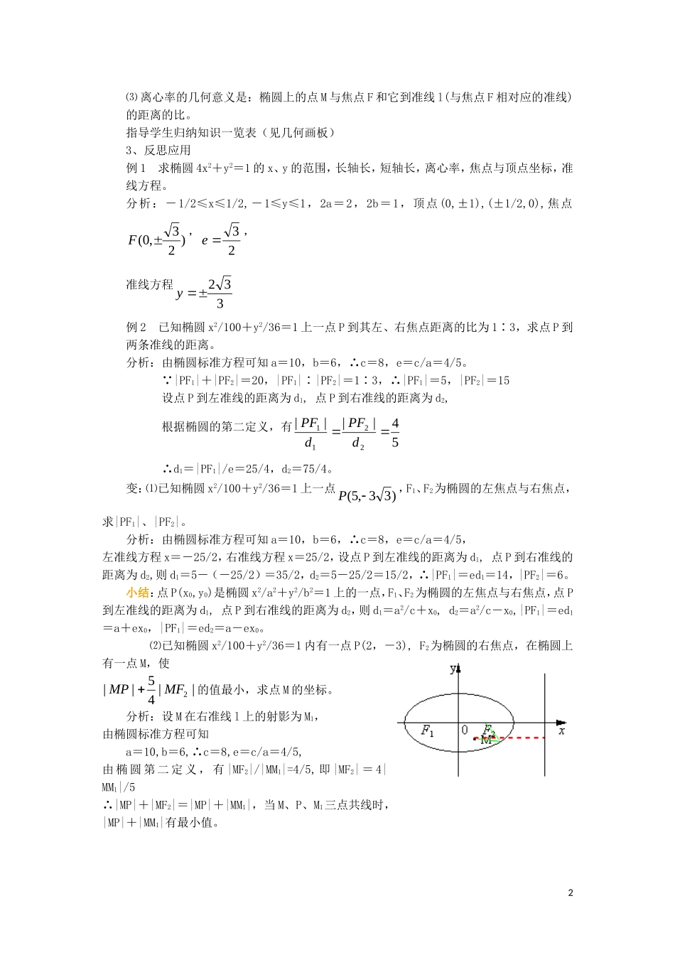 高中数学 第2章 圆锥曲线与方程 2.1.2 椭圆的几何性质教案2 湘教版选修1-1-湘教版高一选修1-1数学教案_第2页