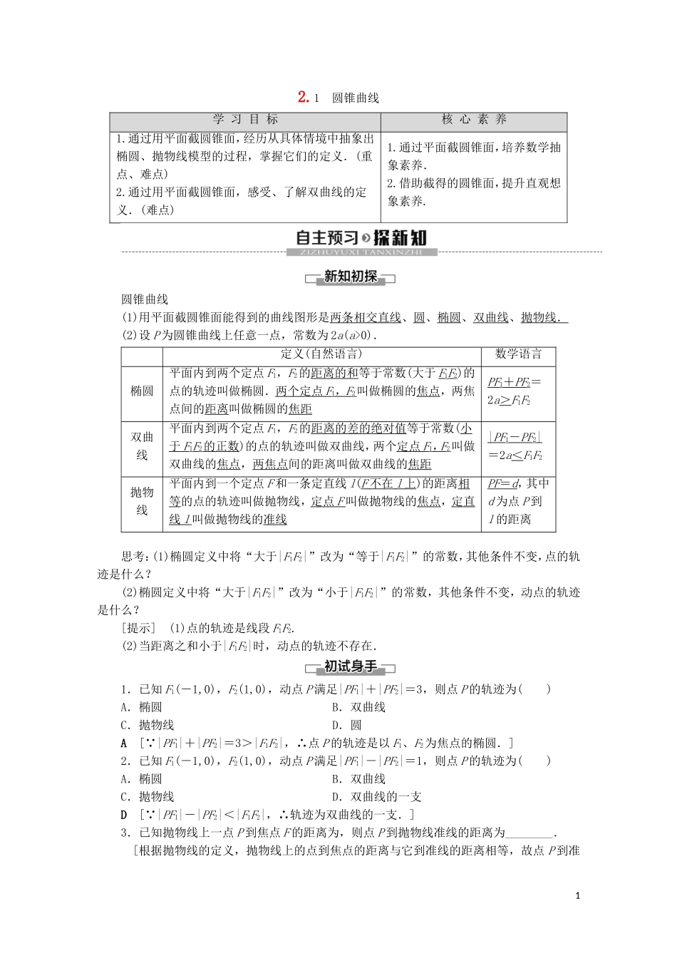 高中数学 第2章 圆锥曲线与方程 2.1 圆锥曲线讲义 苏教版选修2-1-苏教版高二选修2-1数学教案_第1页