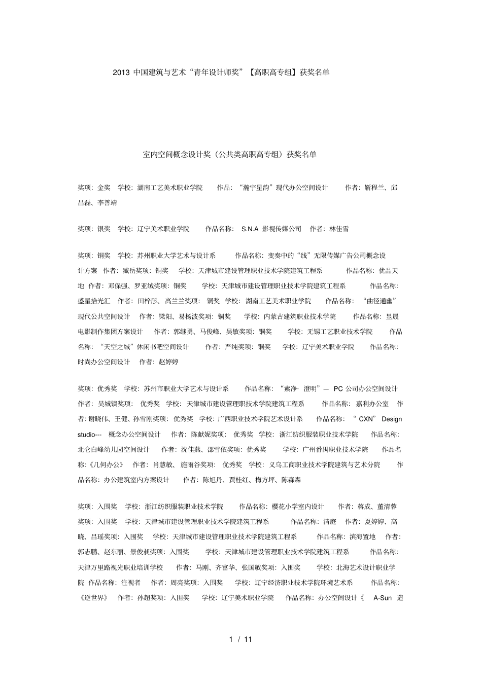 2013中国建筑与艺术青年设计师奖【高职高专组】获奖名_第1页