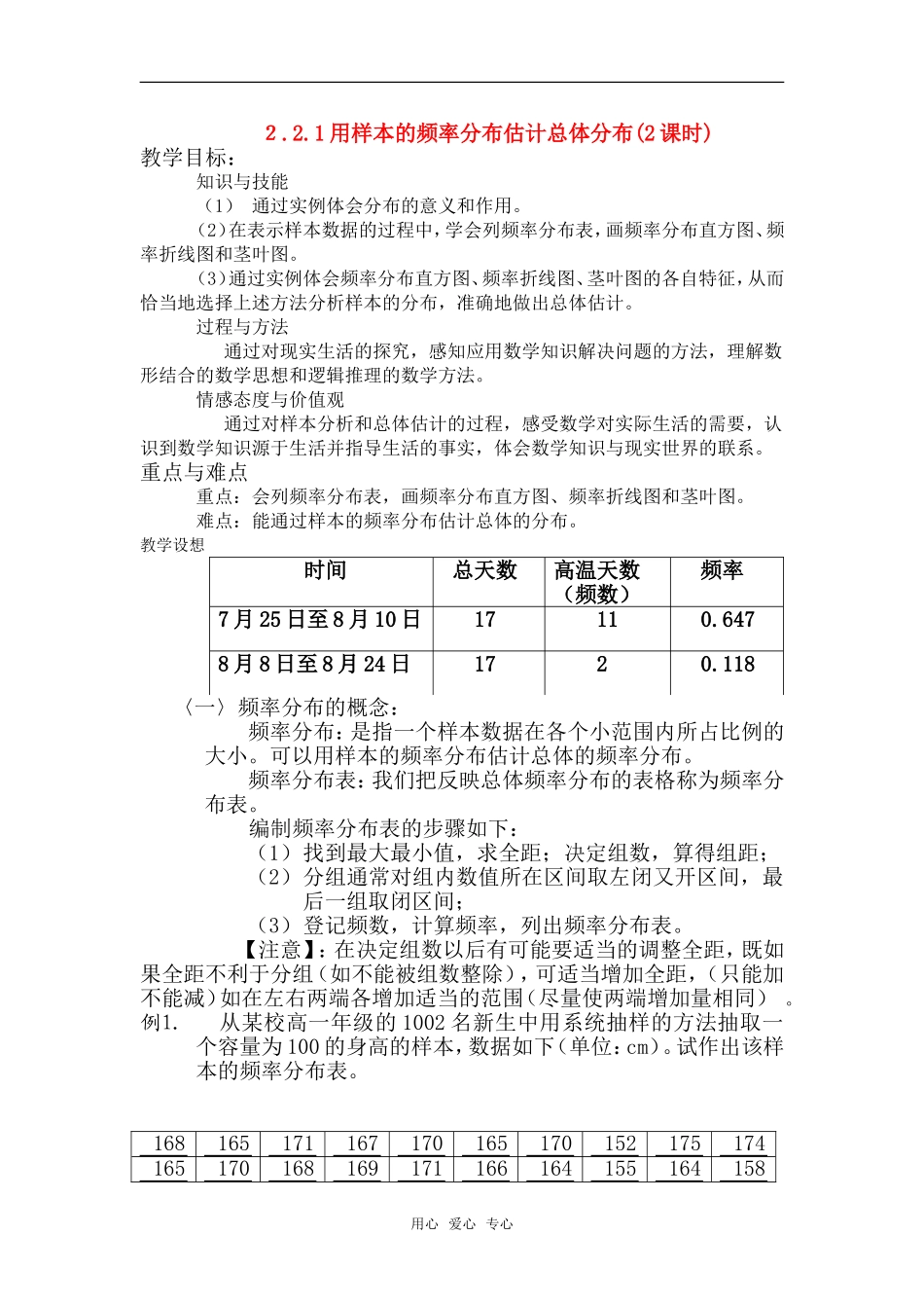 高中数学 用样本的频率分布估计总体分布（2课时）教案 苏教版必修3_第1页