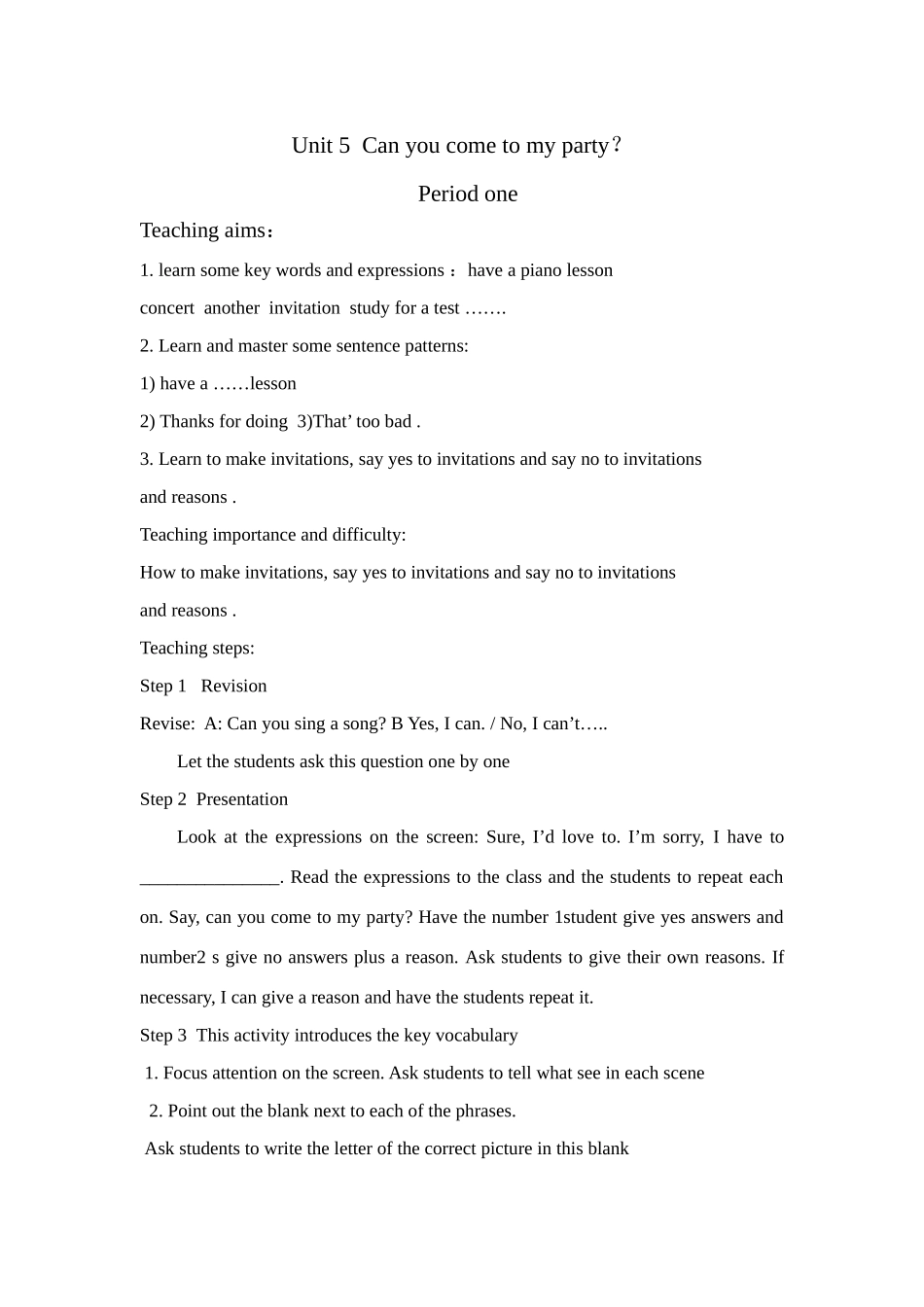 新目标英语八年级上Unit 5 Can you come to my party 教案 1_第1页