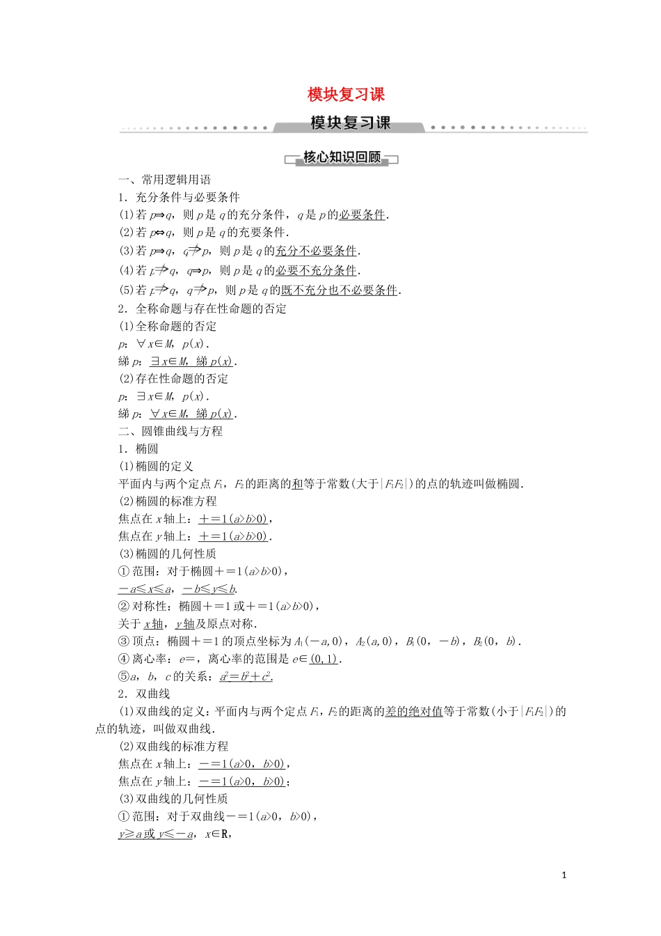 高中数学 模块复习课讲义 苏教版选修2-1-苏教版高二选修2-1数学教案_第1页