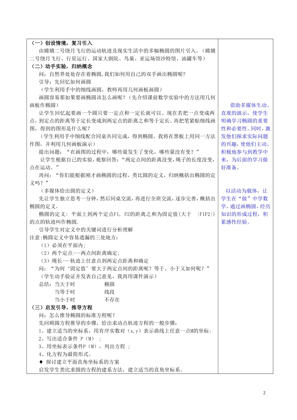 高中数学 椭圆的定义与标准方程教案 新人教A版选修1_第2页