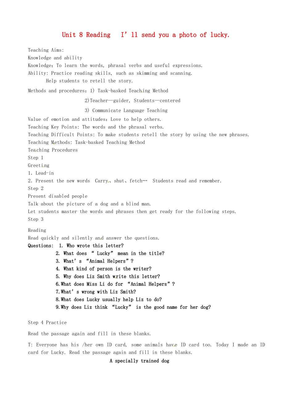 新疆石河子第八中学九年级英语《Unit 8 I’ll send you a photo of lucky》教案 人教新目标版_第1页