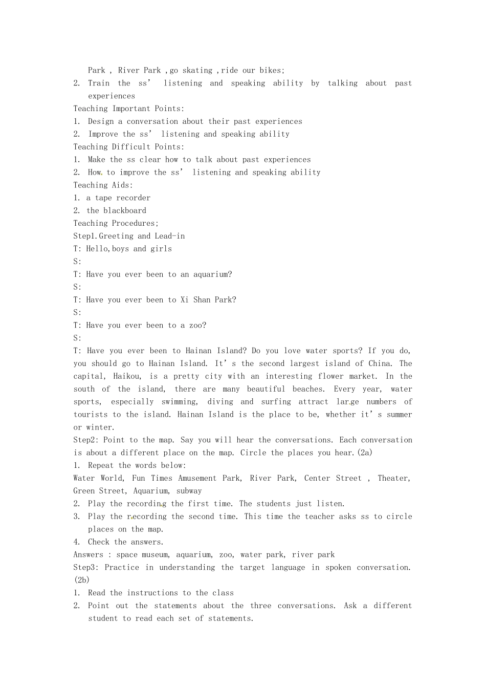 新疆石河子第八中学八年级英语下册《Unit 9 Have you ever been to an amusement park》教案 人教新目标版_第3页