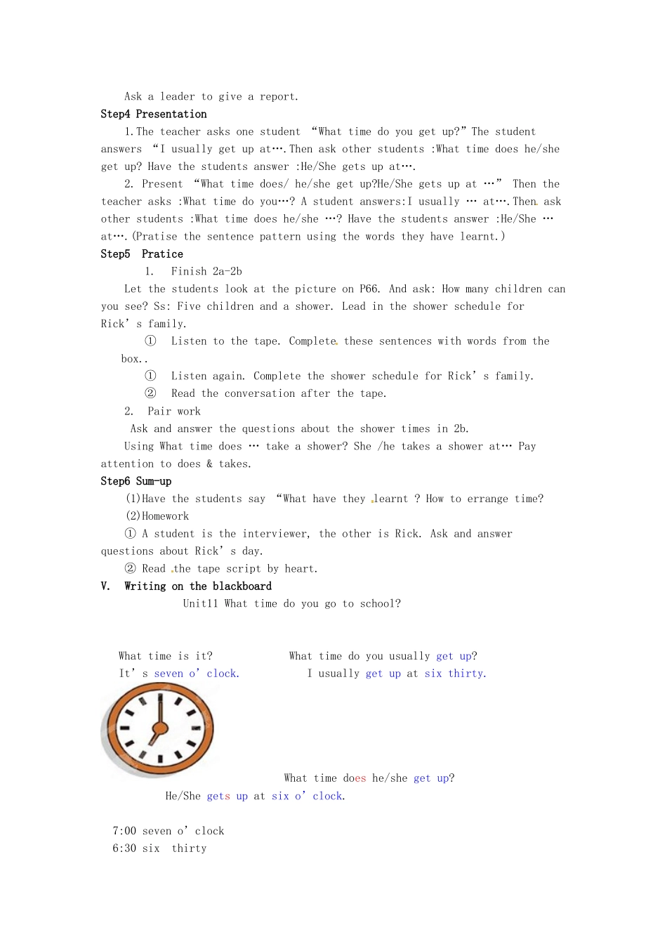 新疆石河子第八中学七年级英语上册《Unit 11 What time do you go to school》教案（1） 人教新目标版_第2页