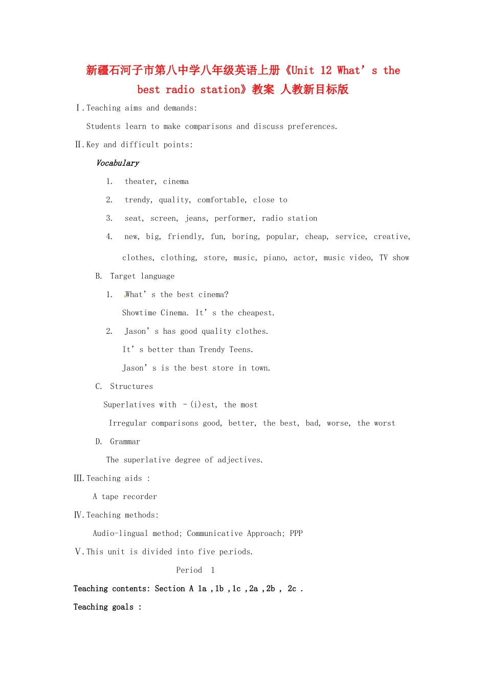 新疆石河子市第八中学八年级英语上册《Unit 12 What’s the best radio station》教案 人教新目标版_第1页
