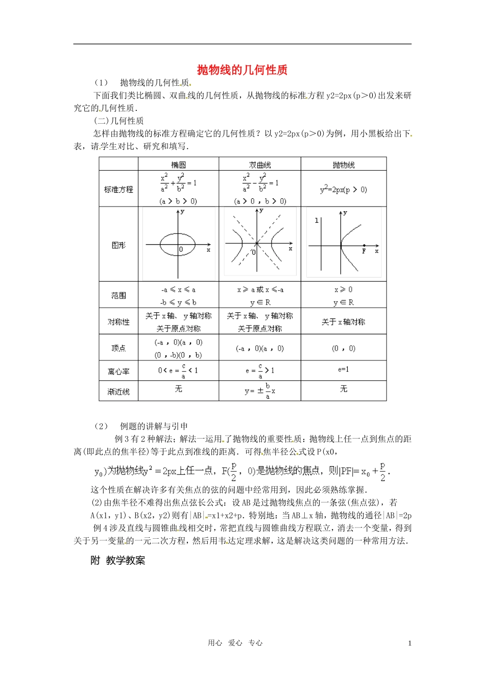 高中数学 抛物线的几何性质教案 新人教版选修2-1_第1页
