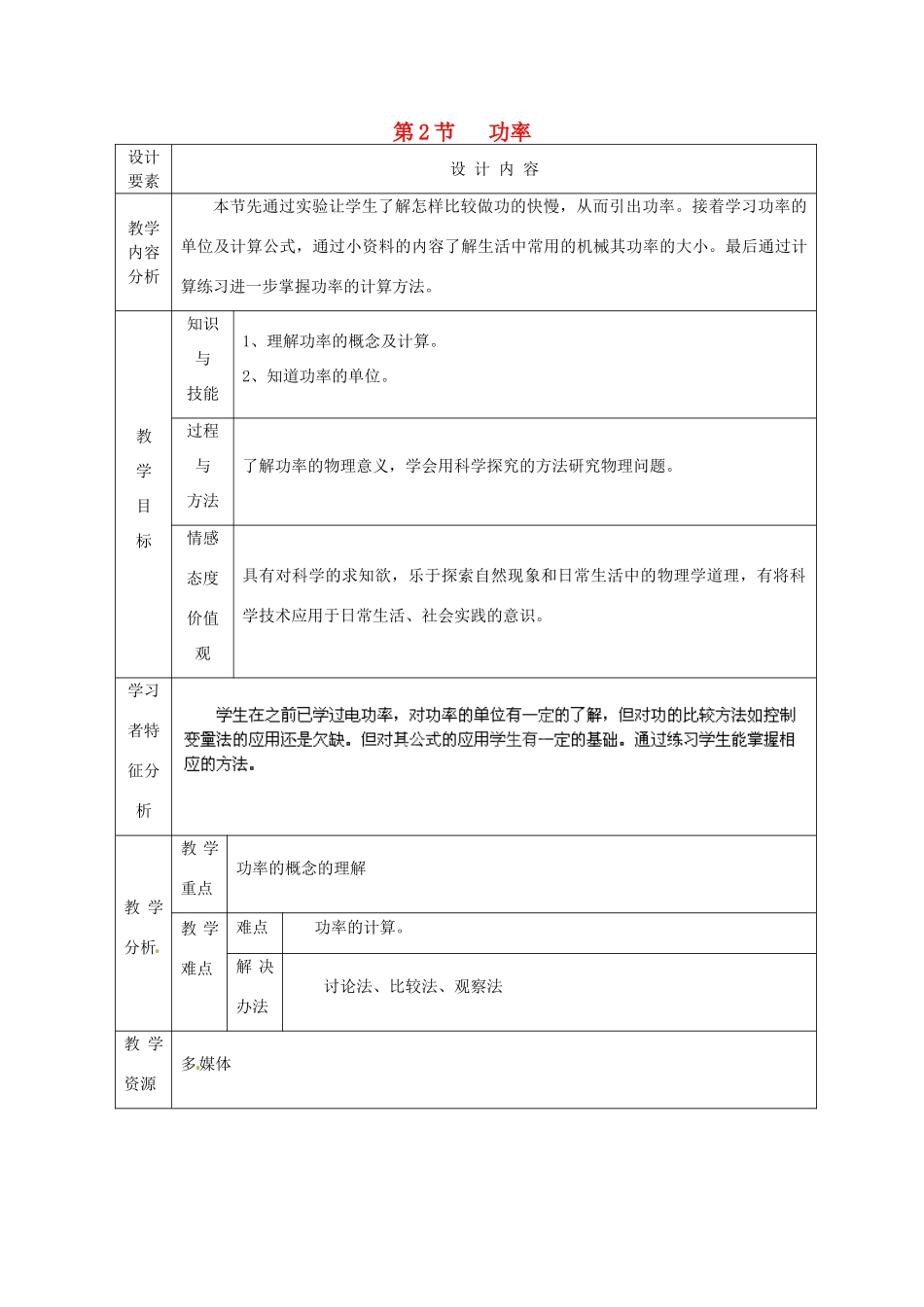 新疆生产建设兵团第五师八十六团第一中学八年级物理下册 第二节 功率教案 新人教版_第1页