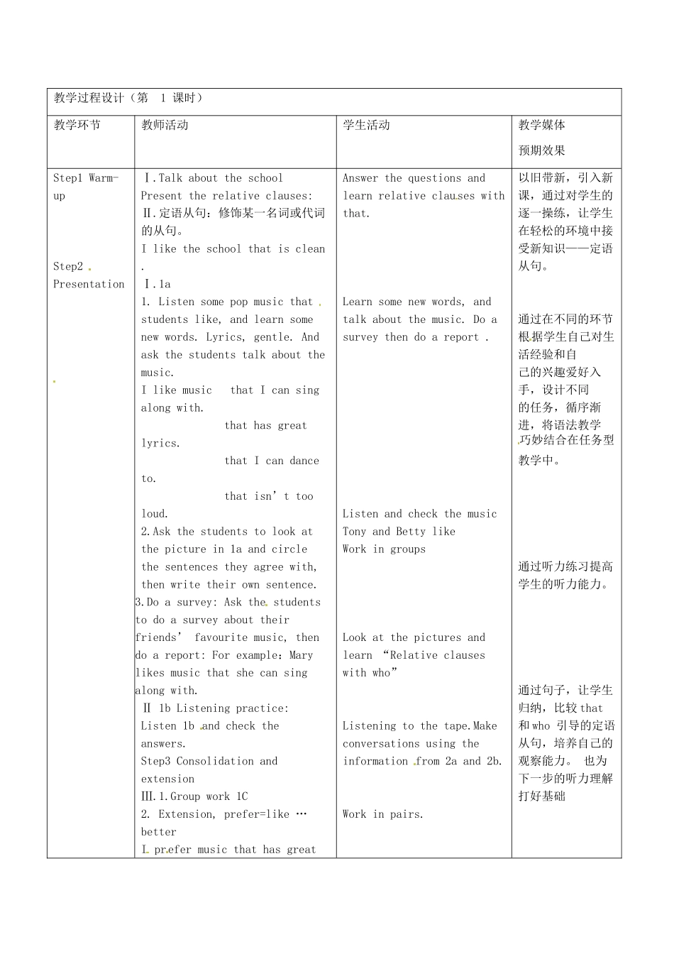 新疆生产建设兵团第五师八十六团第一中学九年级英语全册 Unit 6 I like music that I can dance to第一课时教学设计 人教新目标版_第3页