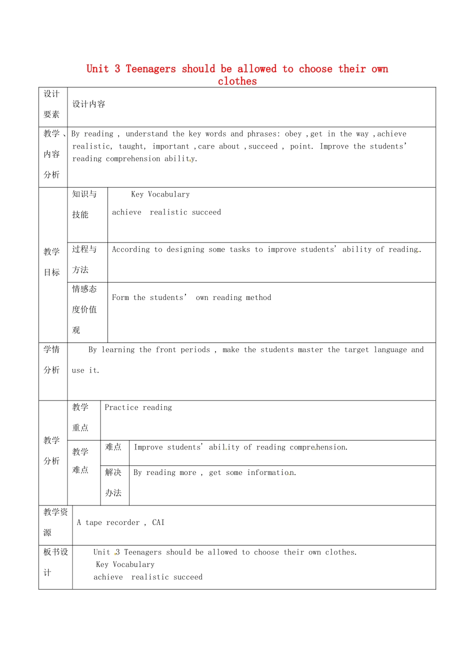 新疆生产建设兵团第五师八十六团第一中学九年级英语全册 Unit 3 Teenagers should be allowed to choose their own clothes第六课时教学设计 人教新目标版_第1页