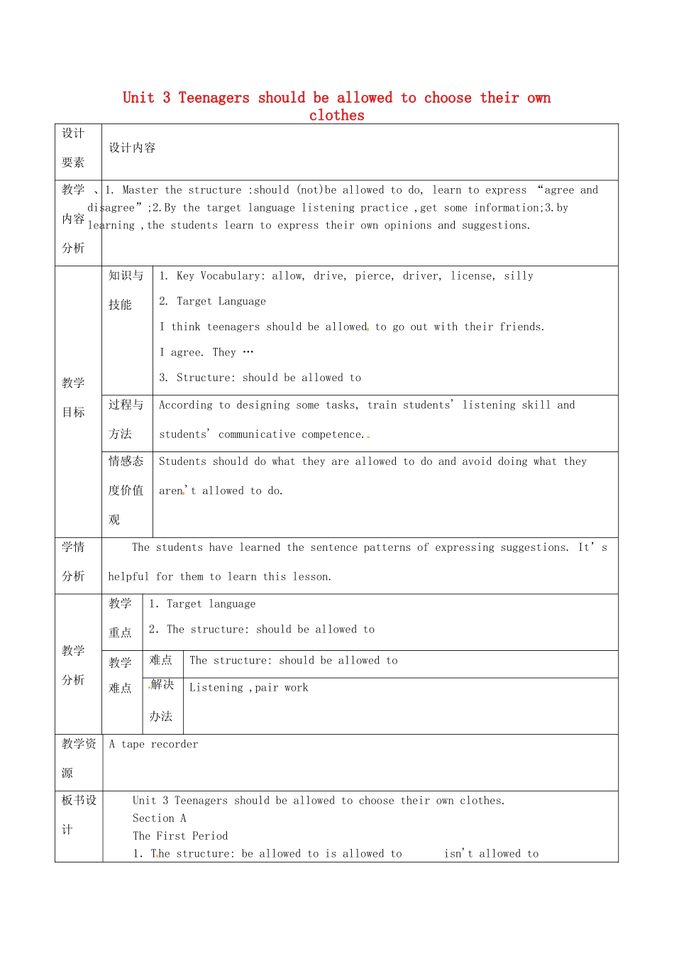 新疆生产建设兵团第五师八十六团第一中学九年级英语全册 Unit 3 Teenagers should be allowed to choose their own clothes第一课时教学设计 人教新目标版_第1页