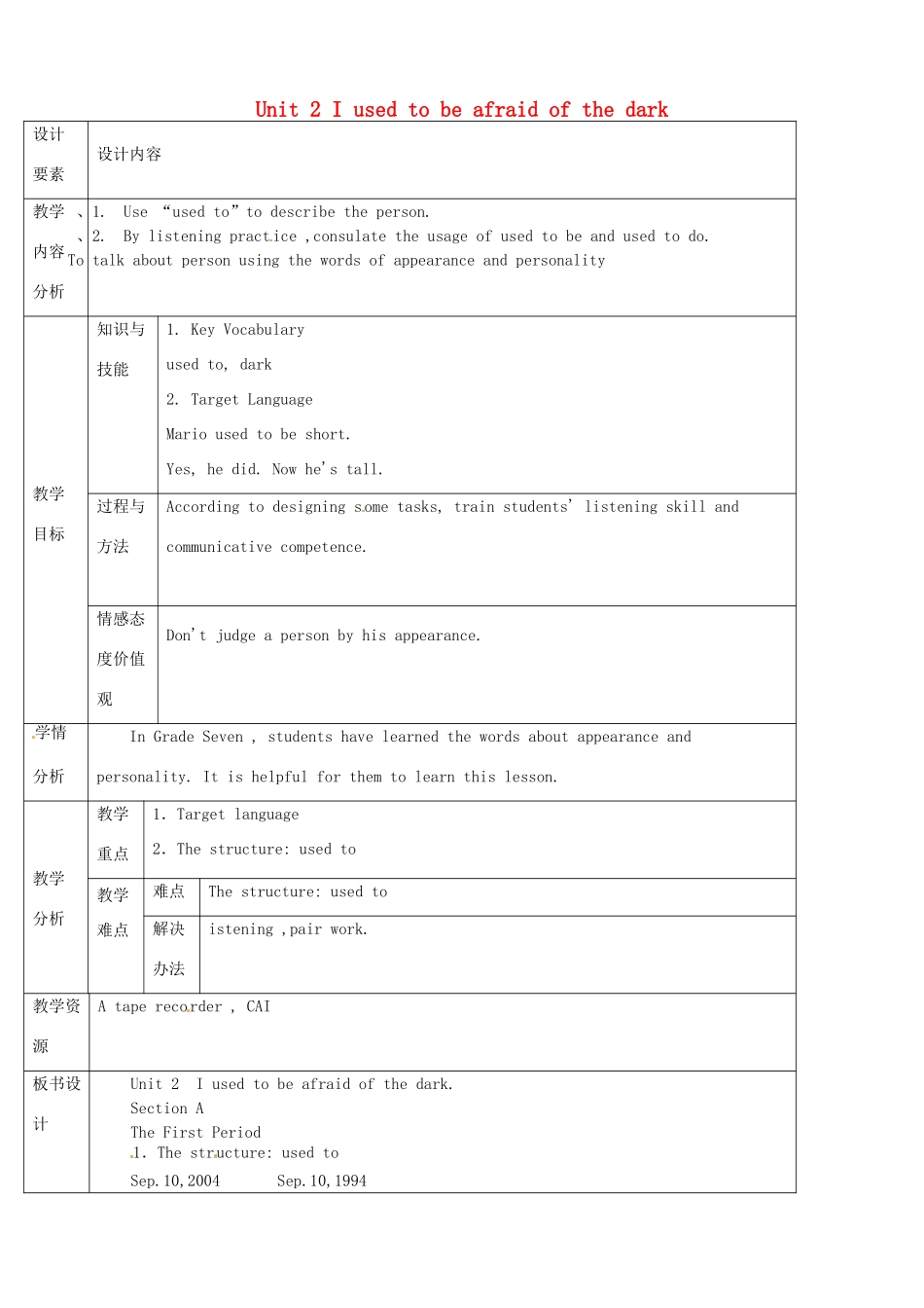 新疆生产建设兵团第五师八十六团第一中学九年级英语全册 Unit 2 I used to be afraid of the dark第一课时教学设计 人教新目标版_第1页