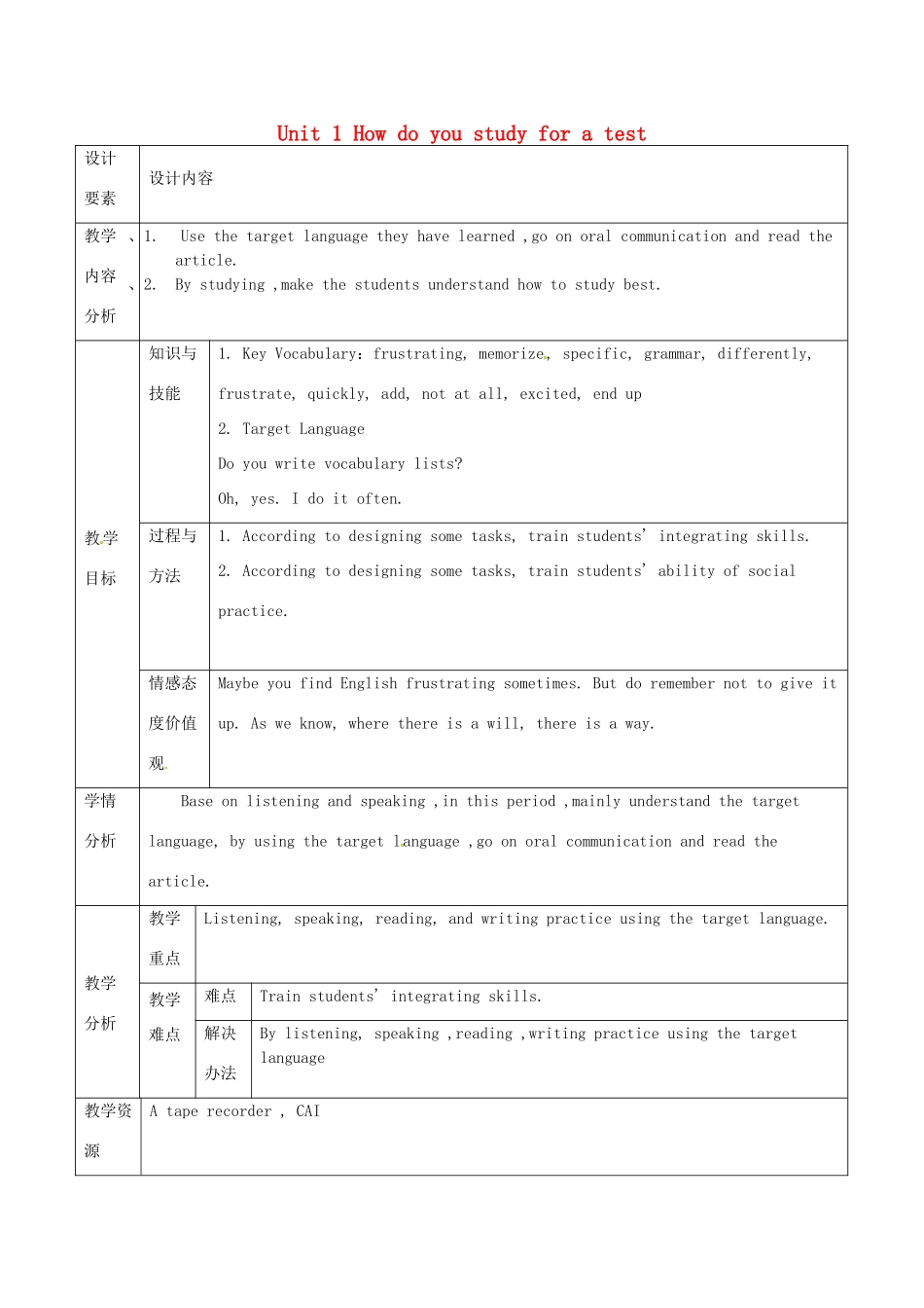 新疆生产建设兵团第五师八十六团第一中学九年级英语全册 Unit 1 How do you study for a test第三课时教学设计 人教新目标版_第1页