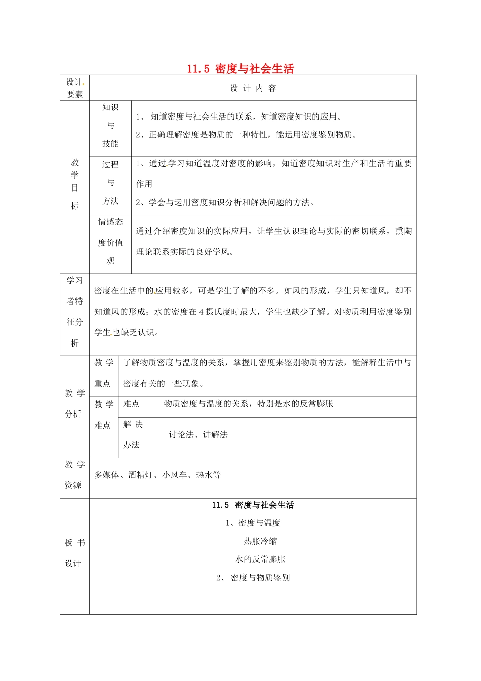 新疆生产建设兵团第五师八十六团第一中学九年级物理上册 11.5 密度与社会生活教案 苏科版_第1页