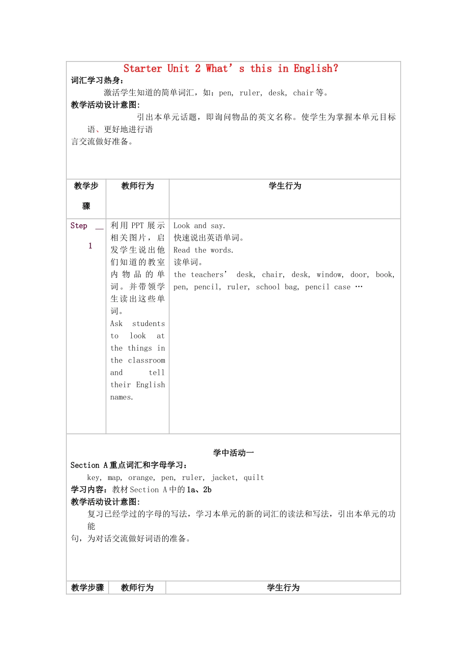 新疆生产建设兵团第五师八十六团第一中学七年级英语上册 Starter Unit 2 What’s this in English？Section A教学设计 （新版）人教新目标版_第1页