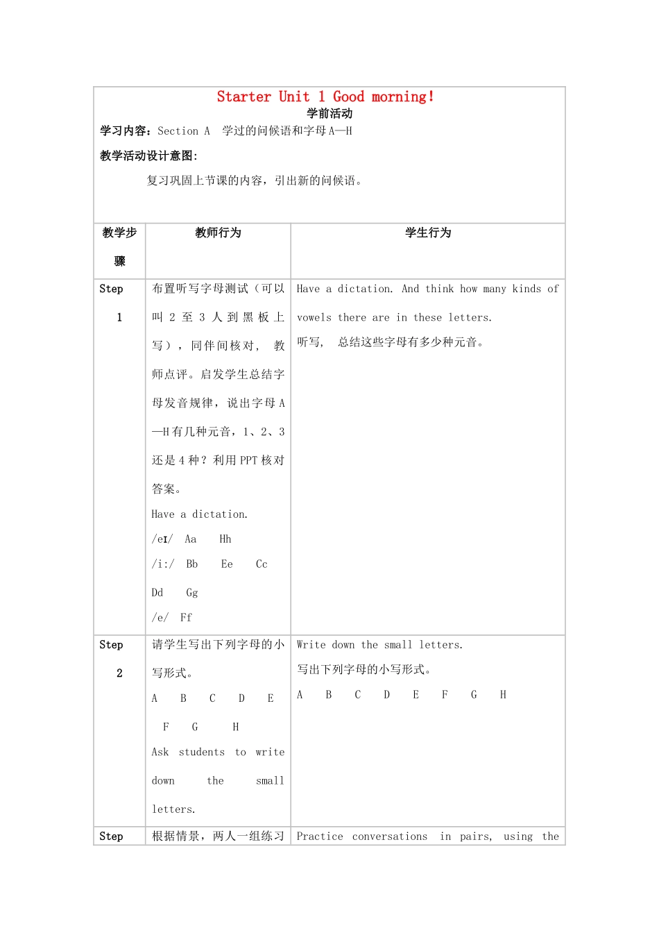 新疆生产建设兵团第五师八十六团第一中学七年级英语上册 Starter Unit 1 Good morning！Section B教学设计 （新版）人教新目标版_第1页