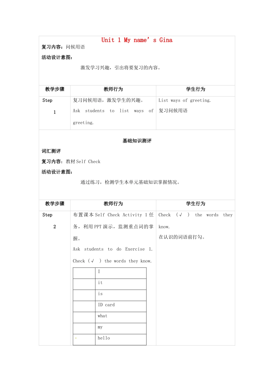 新疆生产建设兵团第五师八十六团一中七年级英语上册 Unit 1 My name’s Gina复习教案 （新版）人教新目标版_第1页