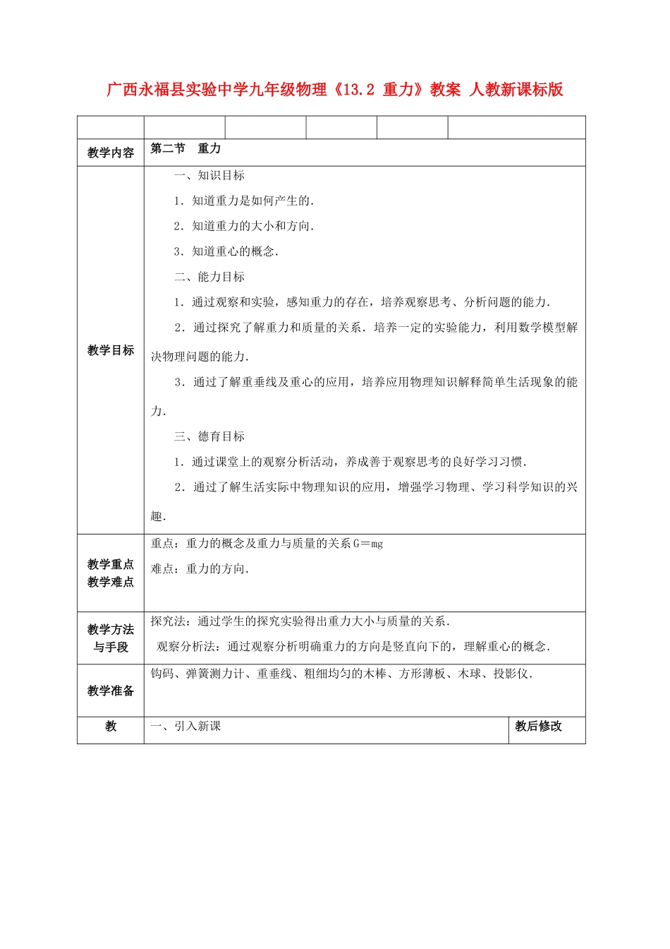 广西永福县实验中学九年级物理《13.2 重力》教案 人教新课标版_第1页
