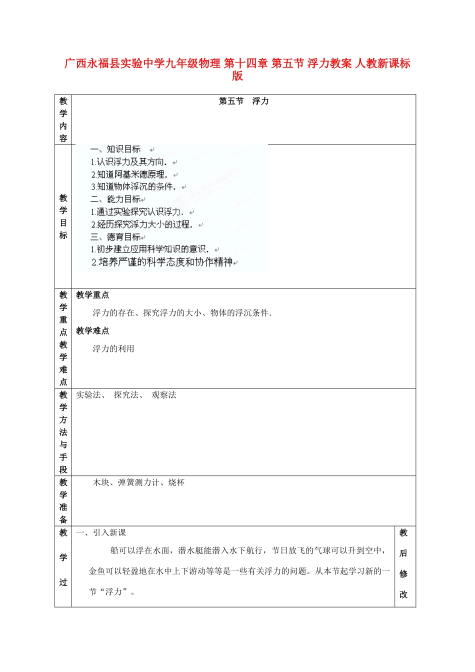 广西永福县实验中学九年级物理 第十四章 第五节 浮力教案 人教新课标版_第1页