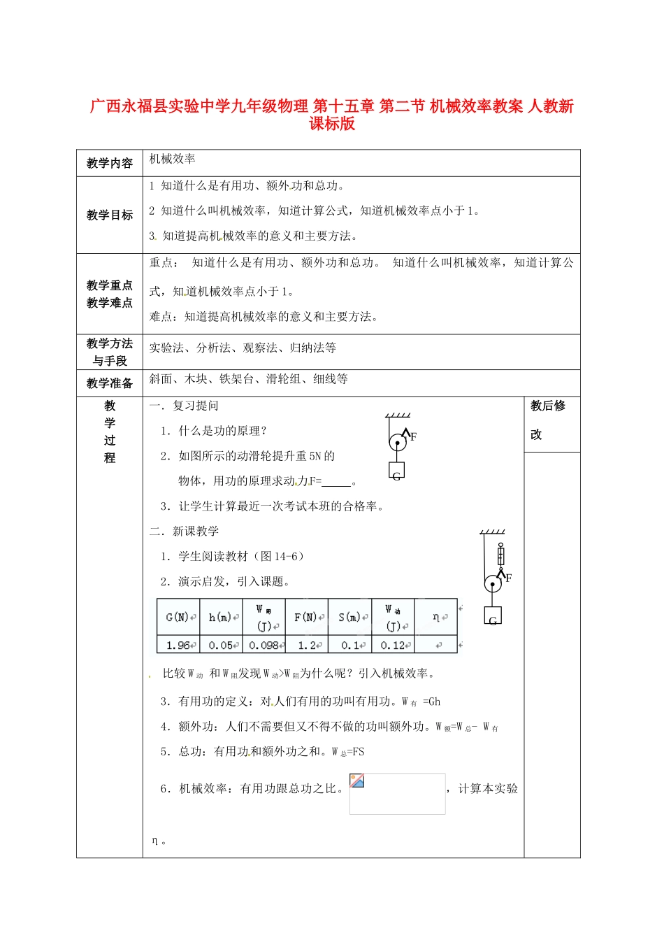 广西永福县实验中学九年级物理 第十五章 第二节 机械效率教案 人教新课标版_第1页