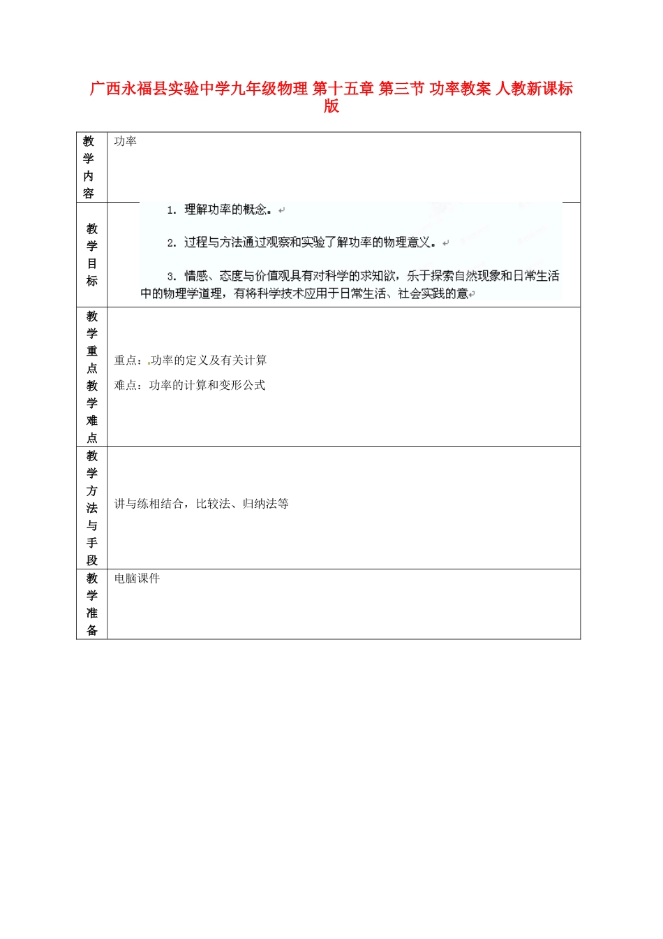 广西永福县实验中学九年级物理 第十五章 第三节 功率教案 人教新课标版_第1页