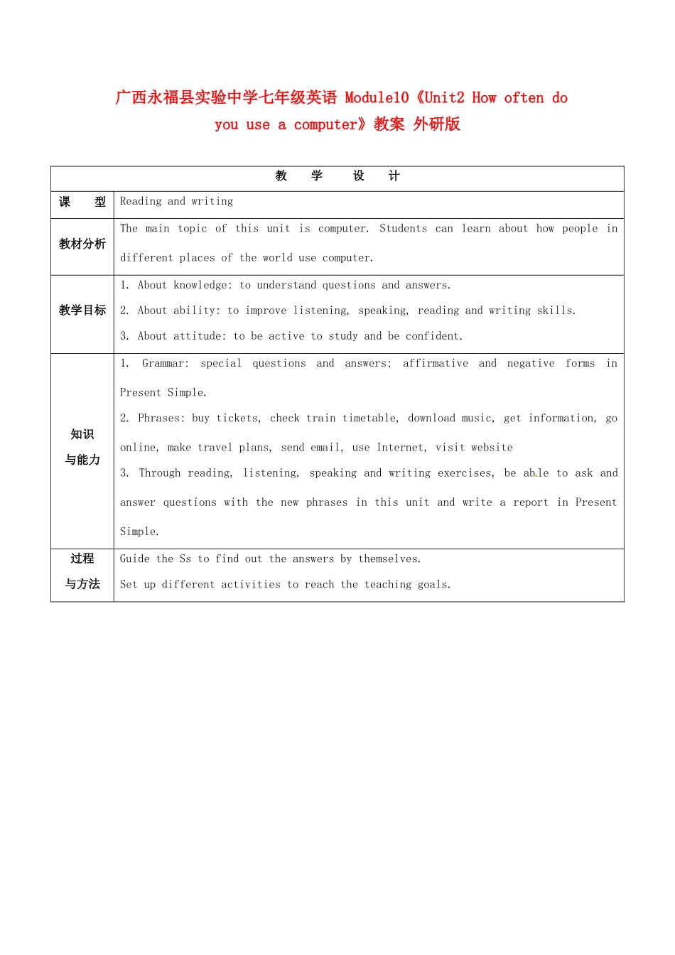 广西永福县实验中学七年级英语 Module10《Unit2 How often do you use a computer》教案 外研版_第1页