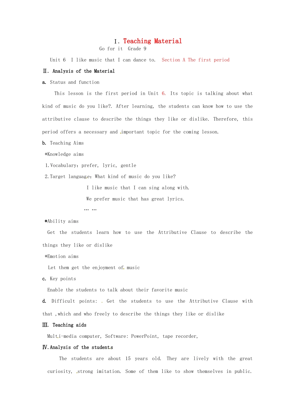 广东省韶关四中九年级英语《Unit6》章节教案 _第1页