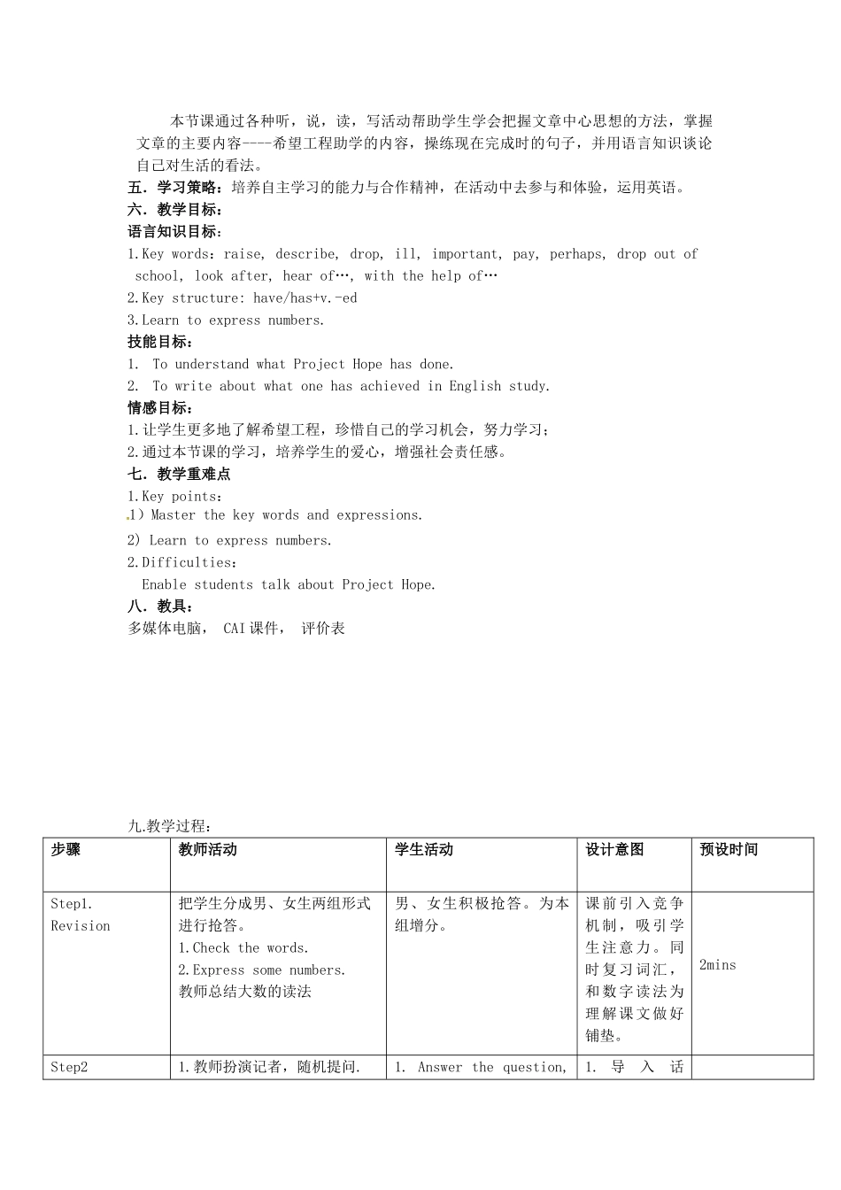 广东省茂名市愉园中学八年级英语上册《Module 4 Education Unit 2 Project Hope has helped many schools》教学设计 外研版_第2页