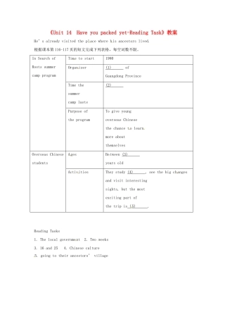 广东省珠海九中九年级英语全册《Unit 14  Have you packed yet-Reading Task》教案 人教新目标版
