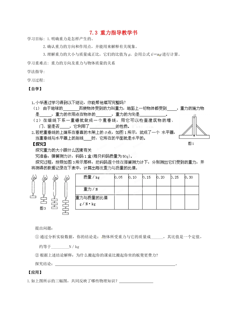 广东省深圳市文汇中学八年级物理下册 7.3 重力指导教学书 （新版）新人教版_第1页