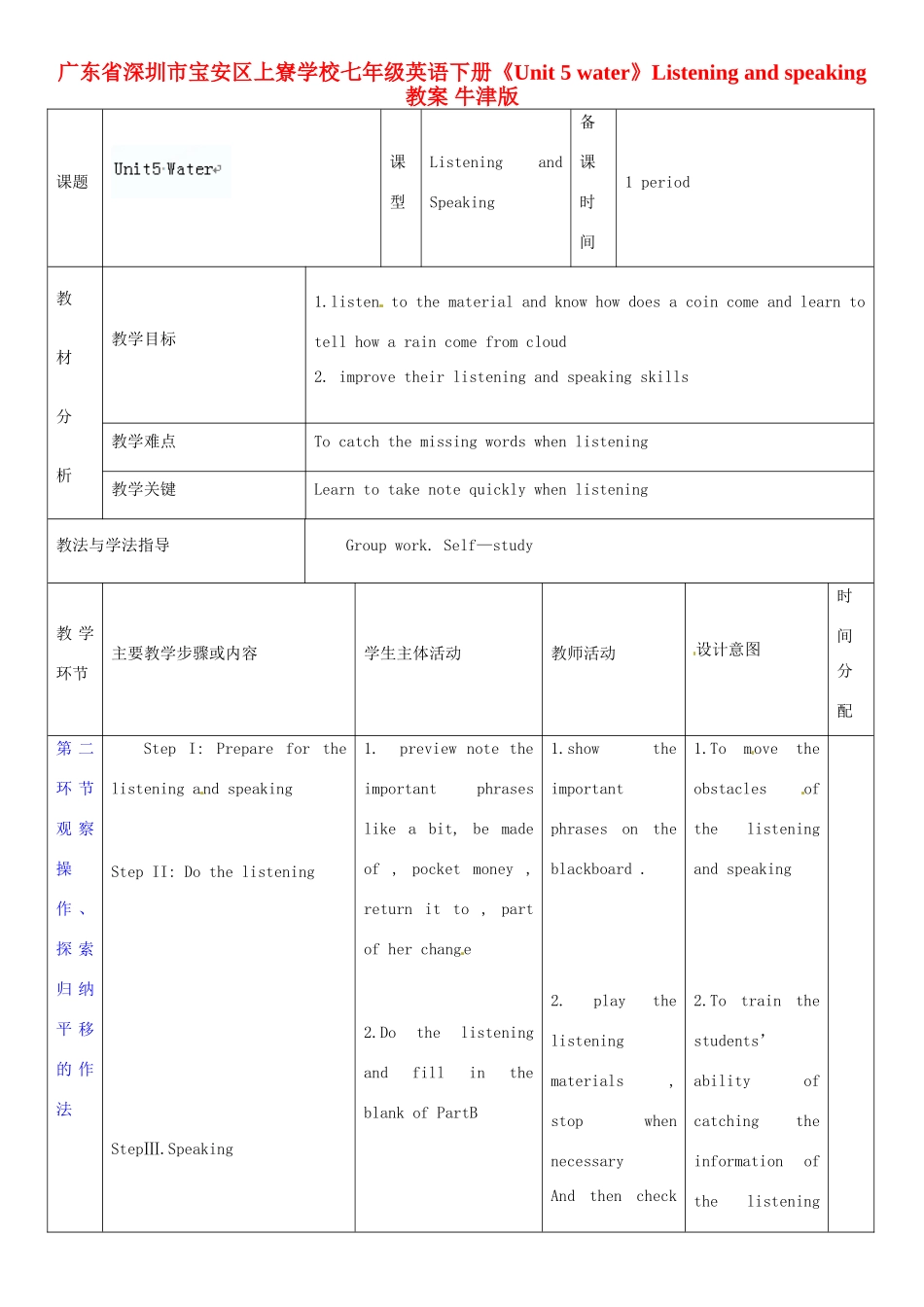 广东省深圳市宝安区上寮学校七年级英语下册《Unit 5 water》Listening and speaking教案 牛津版_第1页