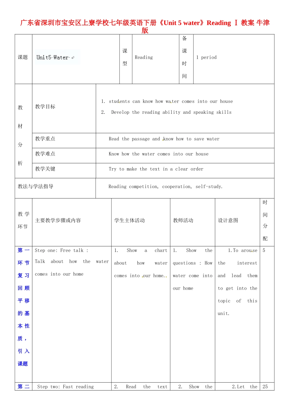 广东省深圳市宝安区上寮学校七年级英语下册《Unit 5 water》Reading Ⅰ教案 牛津版_第1页