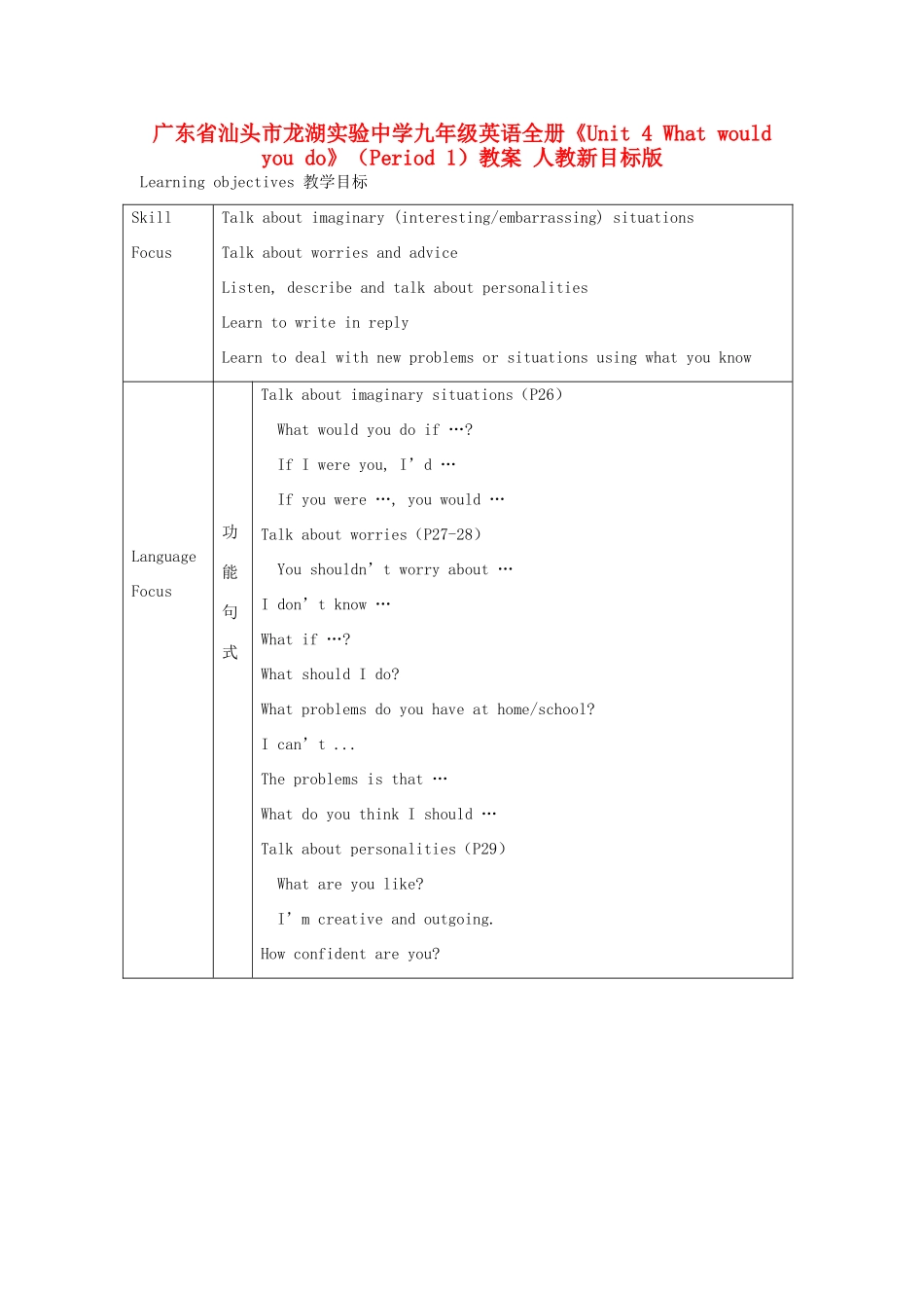 广东省汕头市龙湖实验中学九年级英语全册《Unit 4 What would you do》（Period 1）教案 人教新目标版_第1页