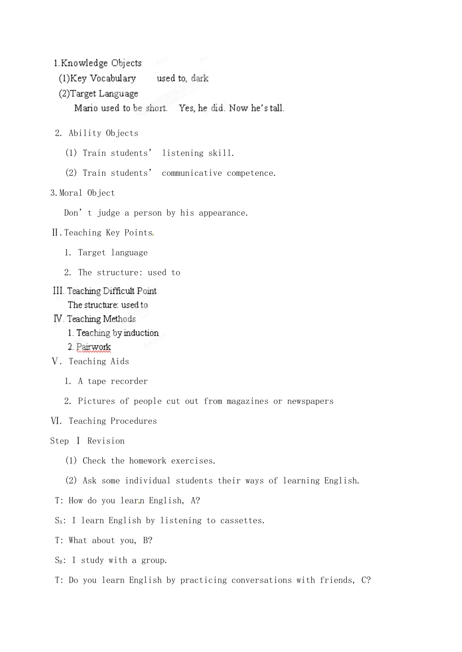 广东省汕头市龙湖实验中学九年级英语全册《Unit 2 I used to be afraid of the dark.》（The First Period）教案 人教新目标版_第3页