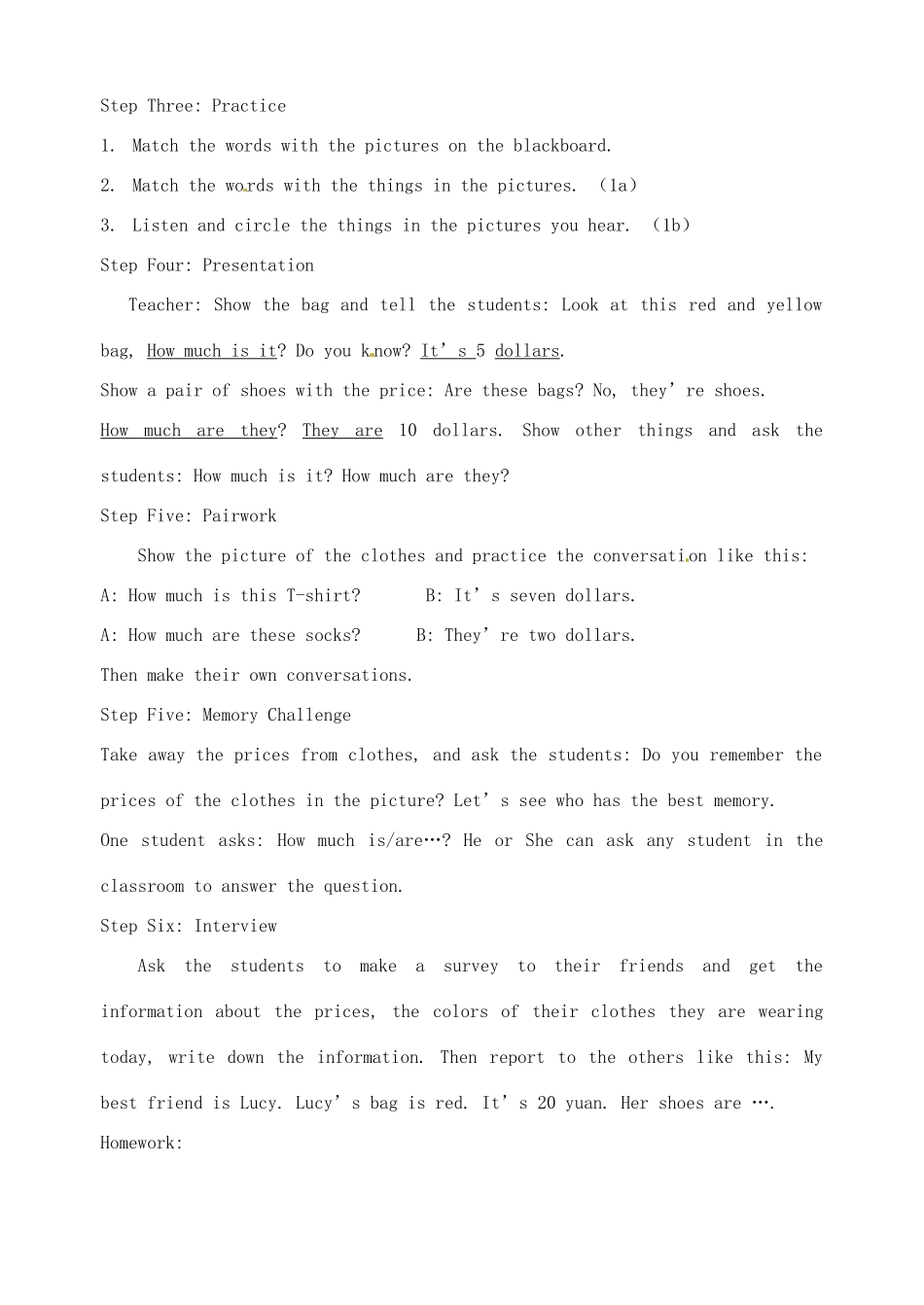 广东省汕头市龙湖实验中学七年级英语上册《Unit 7 How much are these pants》教案 人教新目标版_第3页