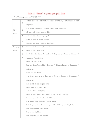 广东省梅州市培英中学七年级英语 Unit1《Wheres your pen pal from》教案