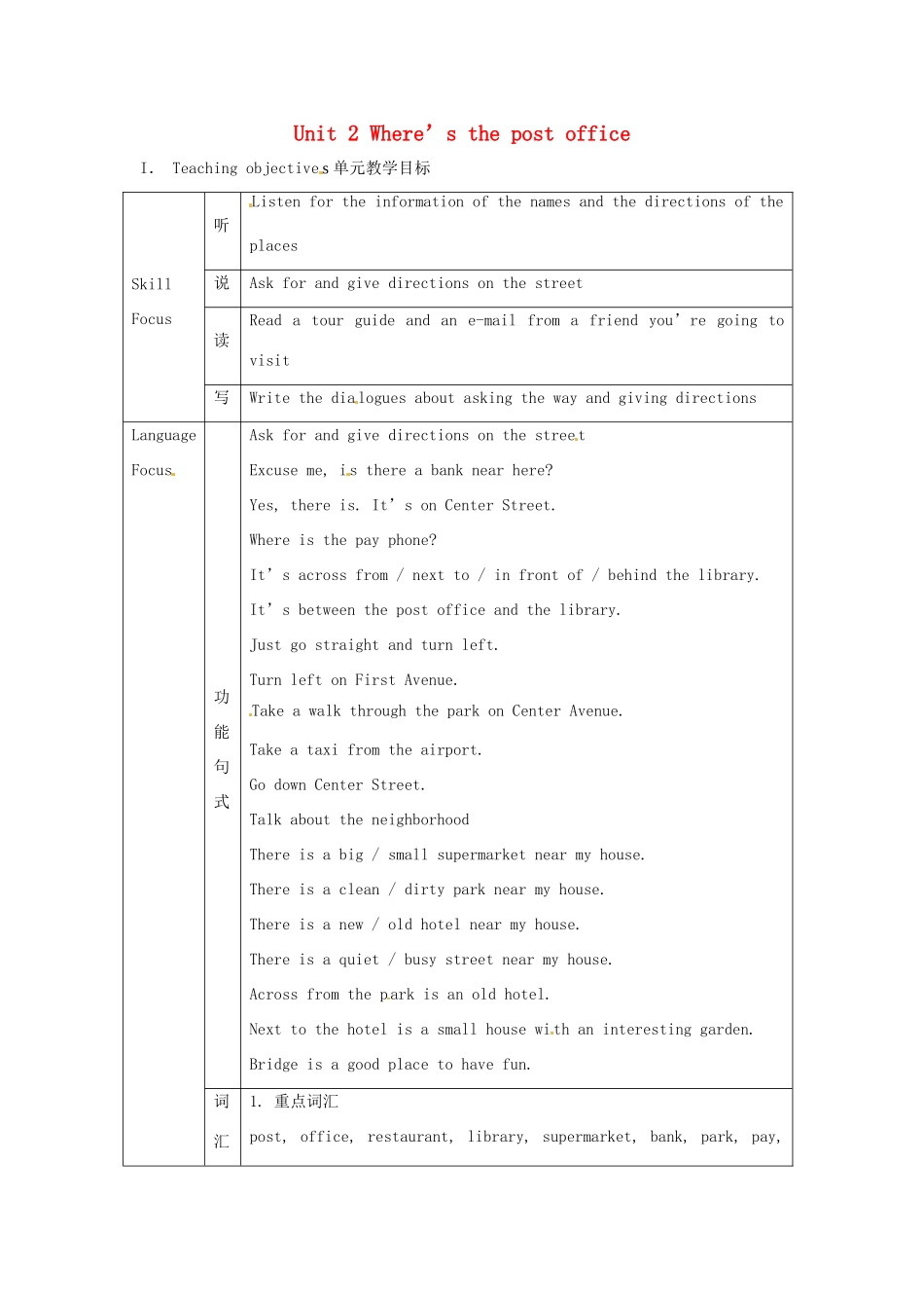 广东省梅州市培英中学七年级英语 Unit 2《Where is the post office》教案1_第1页