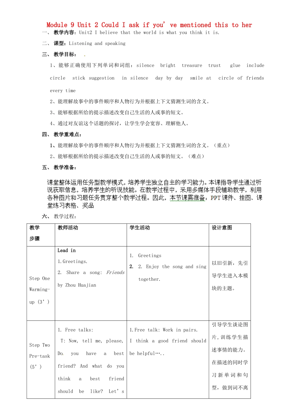 广东省惠东县教育教学研究室八年级英语下册 Module 9 Unit 2 Could I ask if you' ve mentioned this to her教案 （新版）外研版_第1页