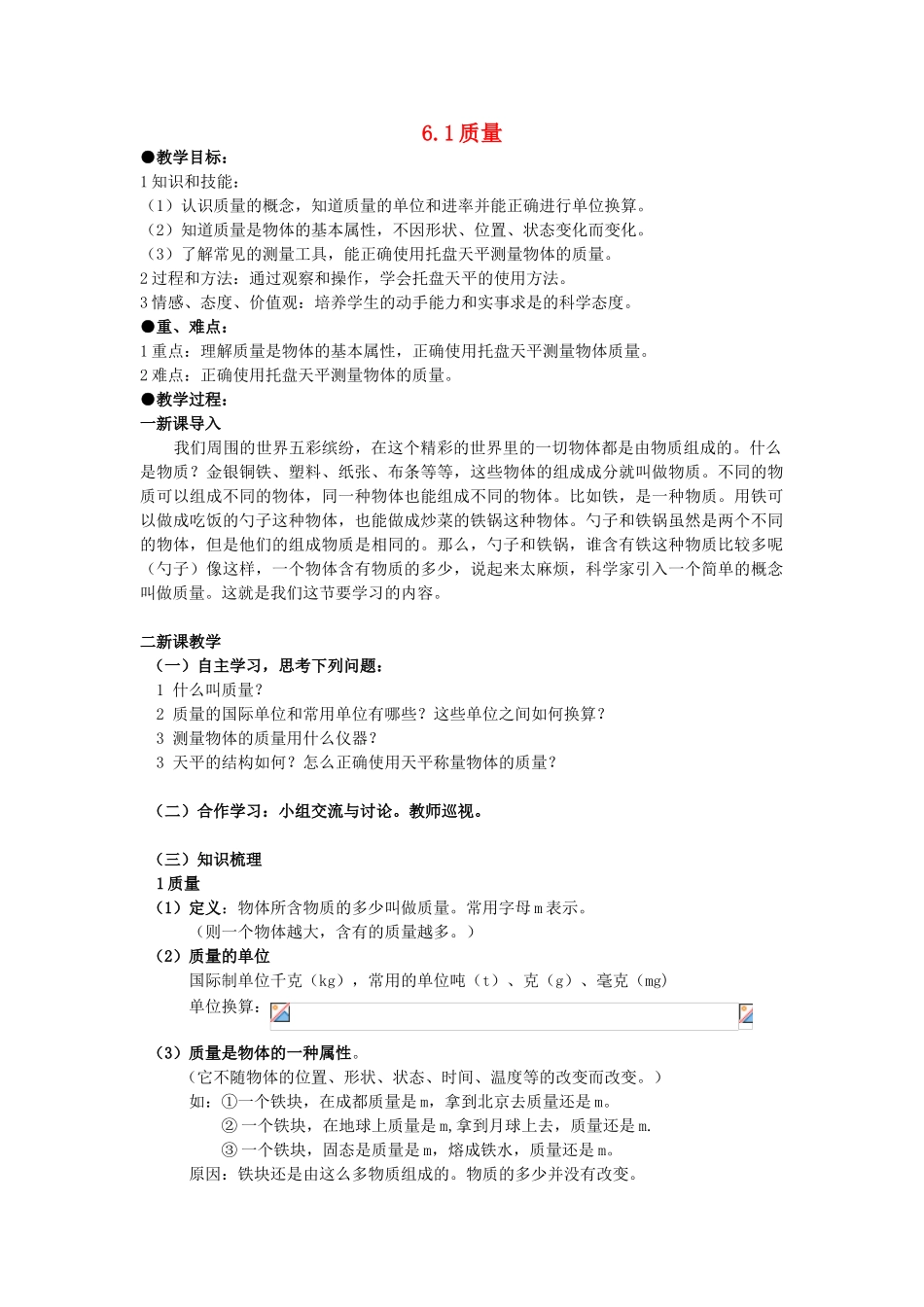 广东省广州市花都区赤坭中学八年级物理上册 6.1 质量教案 （新版）新人教版_第1页